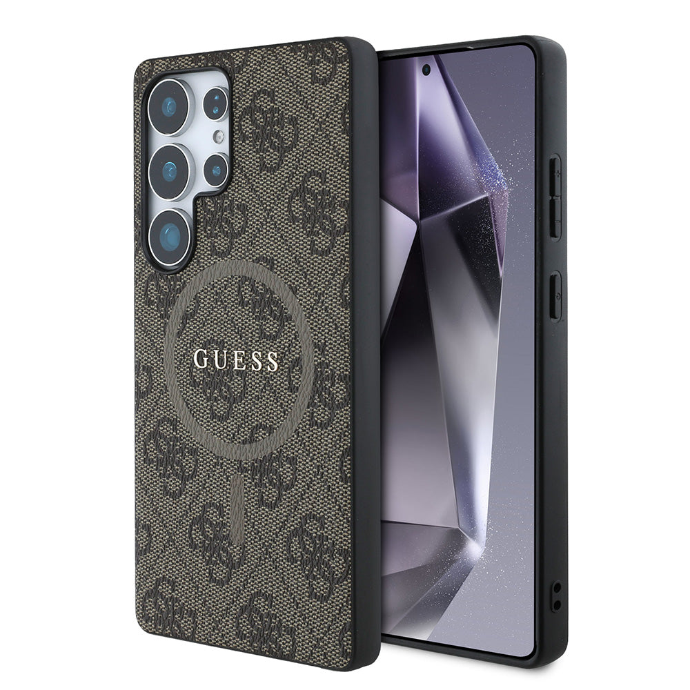 Galaxy S25 Ultra Kılıf Guess Magsafe Uyumlu PU Halkalı 4G Desenli Yazı Logolu Kapak Kahverengi