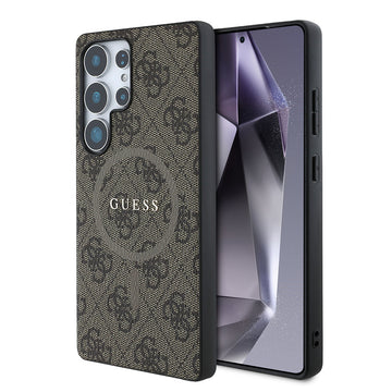 Galaxy S25 Ultra Kılıf Guess Magsafe Uyumlu PU Halkalı 4G Desenli Yazı Logolu Kapak Kahverengi