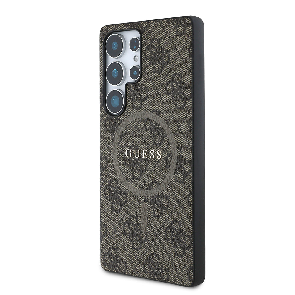 Galaxy S25 Ultra Kılıf Guess Magsafe Uyumlu PU Halkalı 4G Desenli Yazı Logolu Kapak Kahverengi