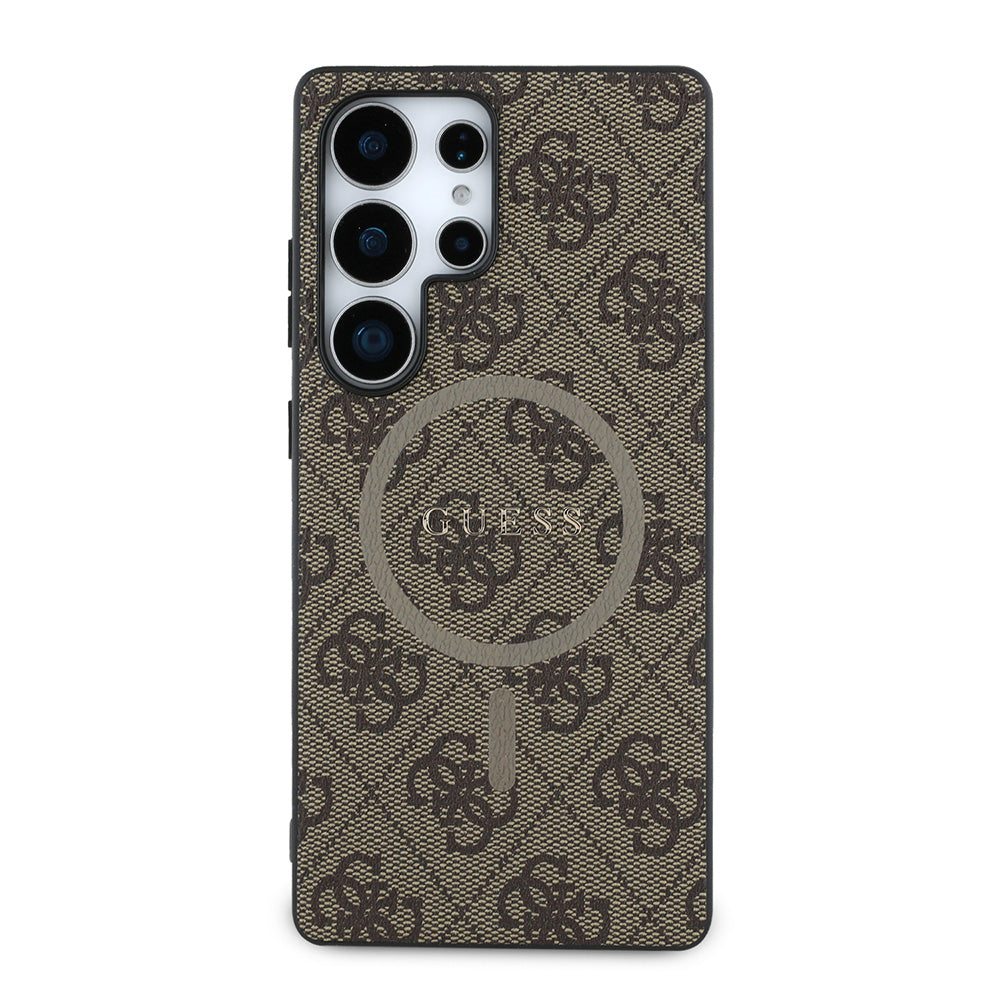 Galaxy S25 Ultra Kılıf Guess Magsafe Uyumlu PU Halkalı 4G Desenli Yazı Logolu Kapak Kahverengi