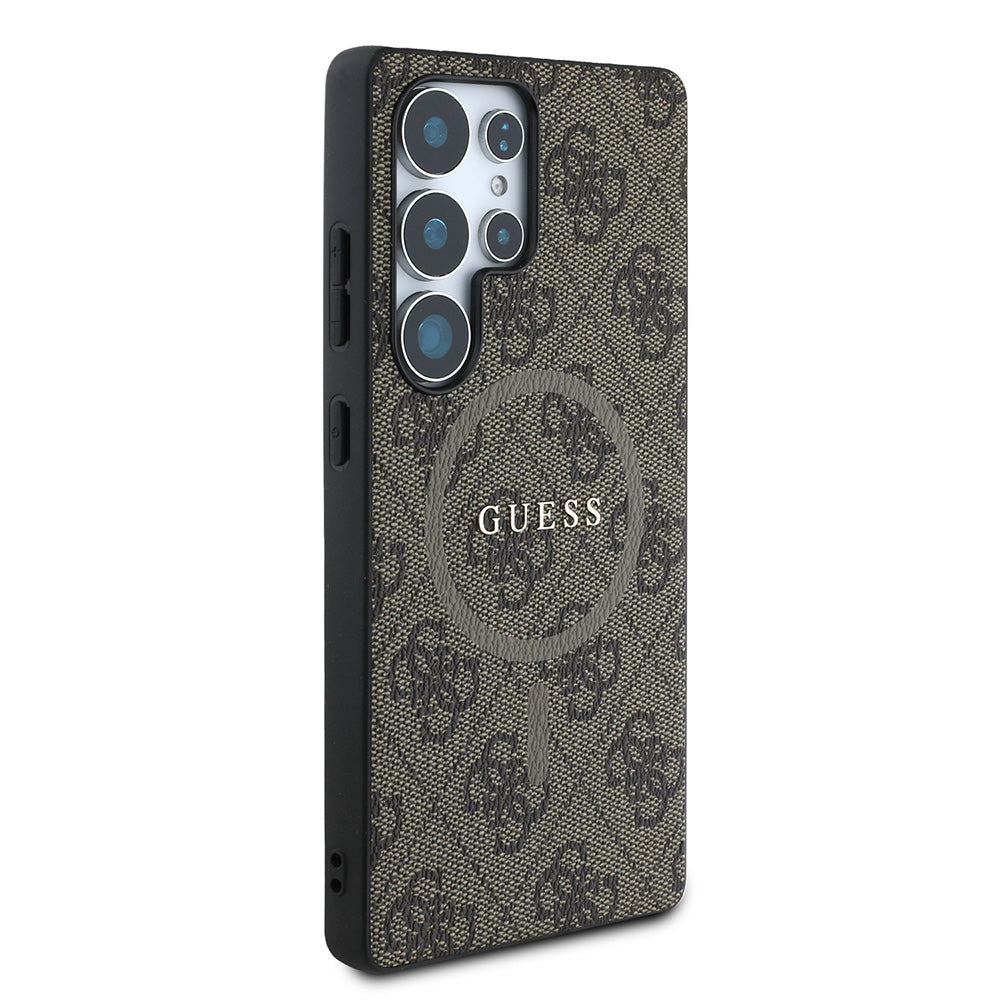Galaxy S25 Ultra Kılıf Guess Magsafe Uyumlu PU Halkalı 4G Desenli Yazı Logolu Kapak Kahverengi