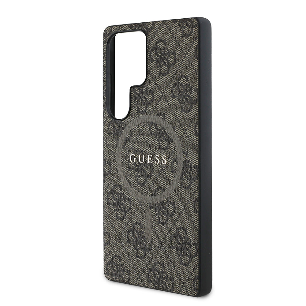 Galaxy S25 Ultra Kılıf Guess Magsafe Uyumlu PU Halkalı 4G Desenli Yazı Logolu Kapak Kahverengi