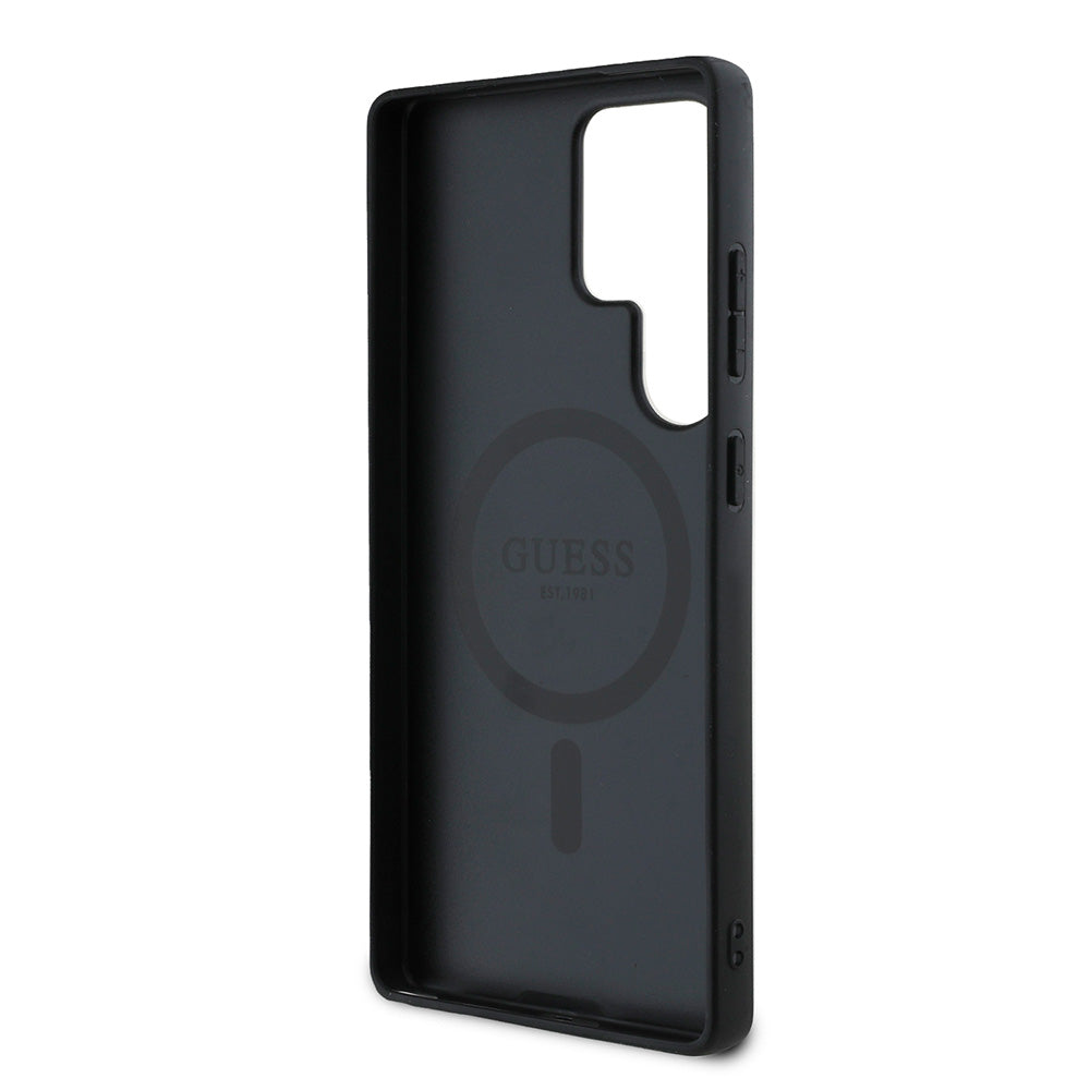 Galaxy S25 Ultra Kılıf Guess Magsafe Uyumlu PU Halkalı 4G Desenli Yazı Logolu Kapak Kahverengi