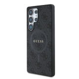 Galaxy S25 Ultra Kılıf Guess Magsafe Uyumlu PU Halkalı 4G Desenli Yazı Logolu Kapak Siyah