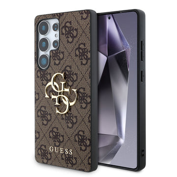 Galaxy S25 Ultra Kılıf Guess PU Deri 4G Desenli Metal Büyük 4G ve Yazı Logolu Kapak Kahverengi