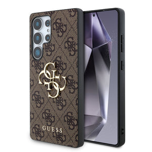 Galaxy S25 Ultra Kılıf Guess PU Deri 4G Desenli Metal Büyük 4G ve Yazı Logolu Kapak Kahverengi