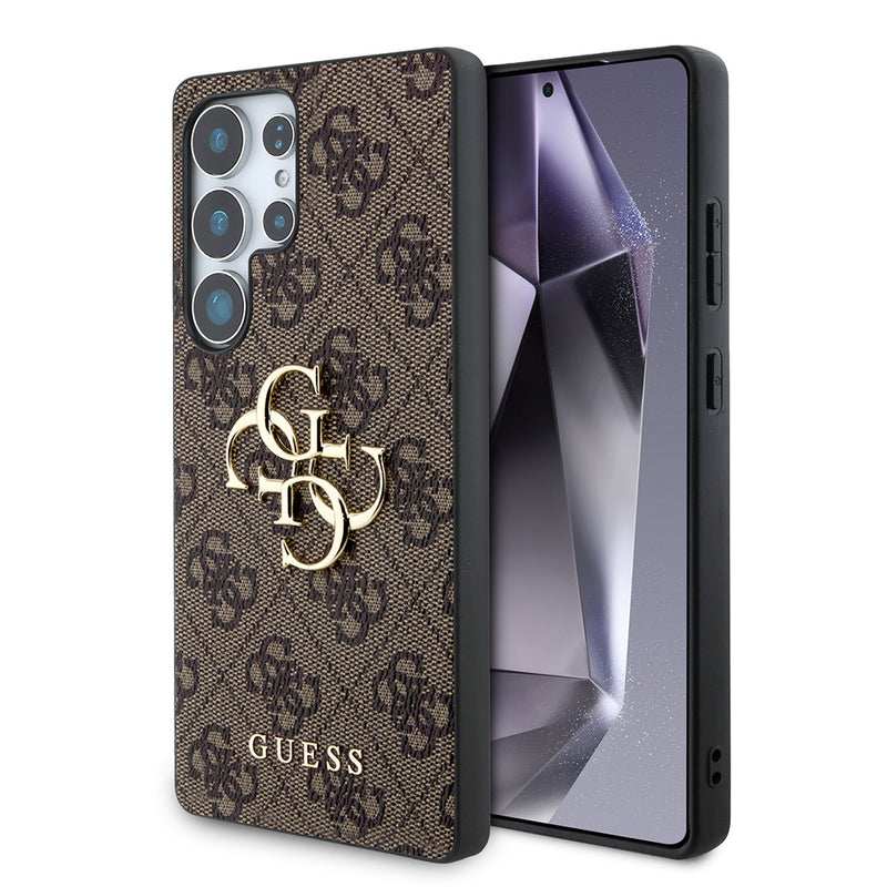 Galaxy S25 Ultra Kılıf Guess PU Deri 4G Desenli Metal Büyük 4G ve Yazı Logolu Kapak Kahverengi