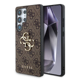 Galaxy S25 Ultra Kılıf Guess PU Deri 4G Desenli Metal Büyük 4G ve Yazı Logolu Kapak Kahverengi