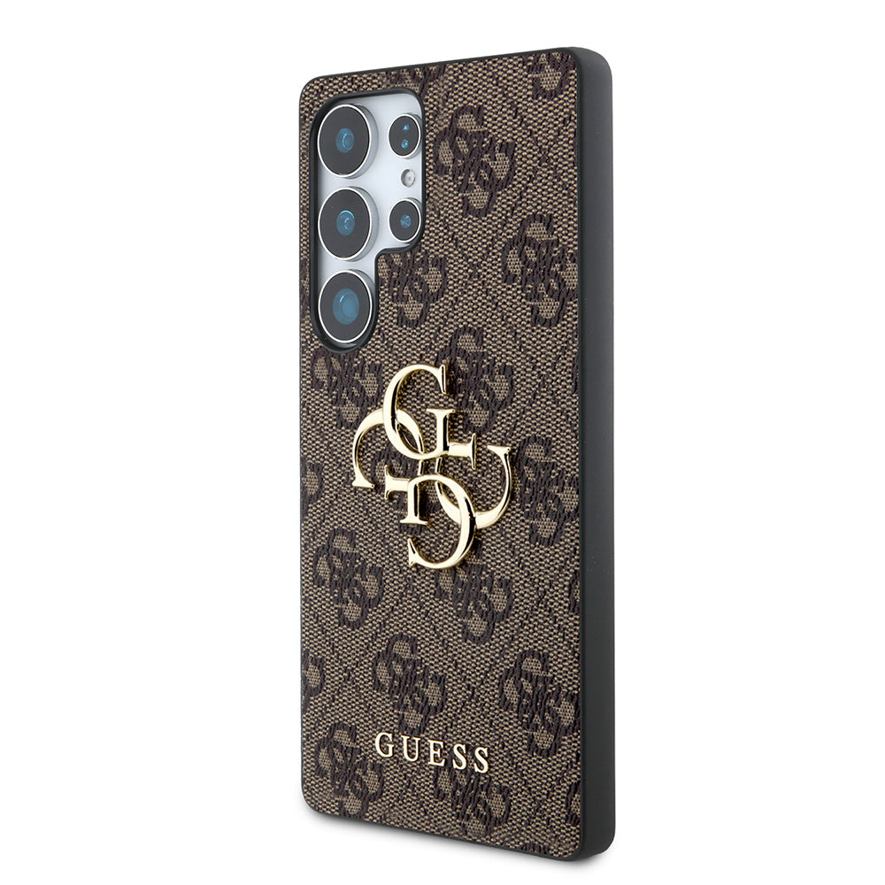 Galaxy S25 Ultra Kılıf Guess PU Deri 4G Desenli Metal Büyük 4G ve Yazı Logolu Kapak Kahverengi