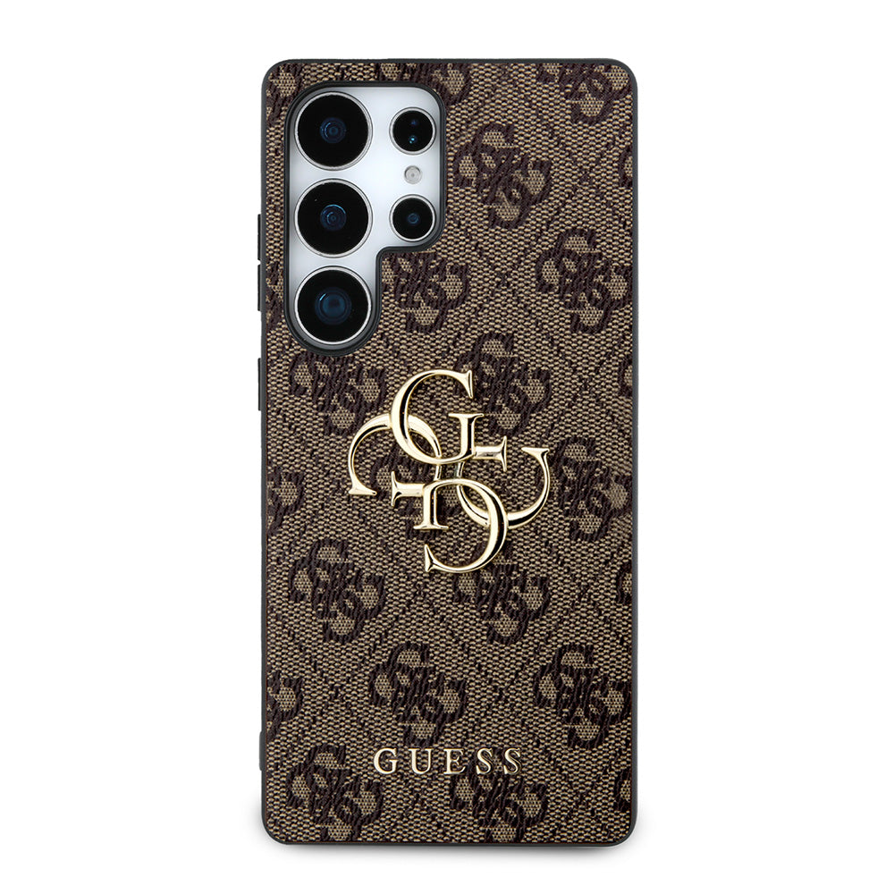 Galaxy S25 Ultra Kılıf Guess PU Deri 4G Desenli Metal Büyük 4G ve Yazı Logolu Kapak Kahverengi