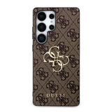 Galaxy S25 Ultra Kılıf Guess PU Deri 4G Desenli Metal Büyük 4G ve Yazı Logolu Kapak Kahverengi