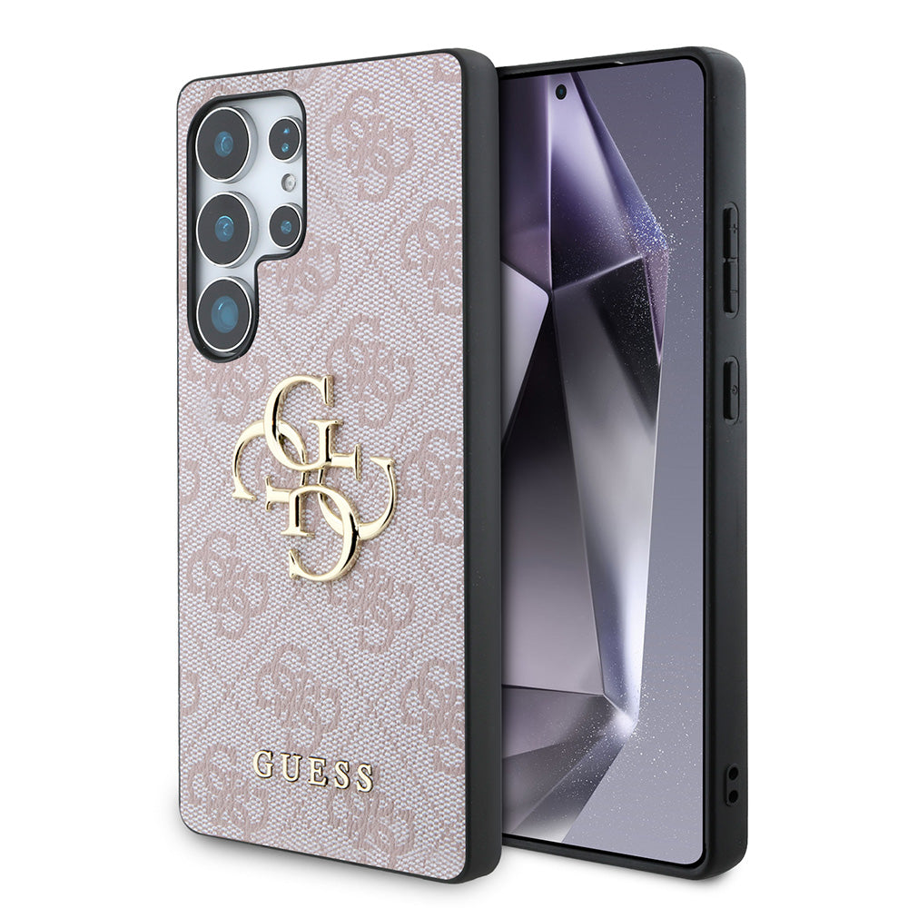 Galaxy S25 Ultra Kılıf Guess PU Deri 4G Desenli Metal Büyük 4G ve Yazı Logolu Kapak Pembe