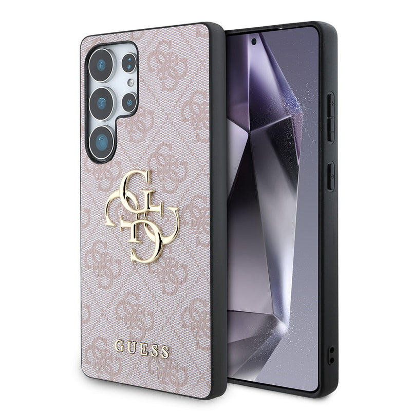 Galaxy S25 Ultra Kılıf Guess PU Deri 4G Desenli Metal Büyük 4G ve Yazı Logolu Kapak Pembe