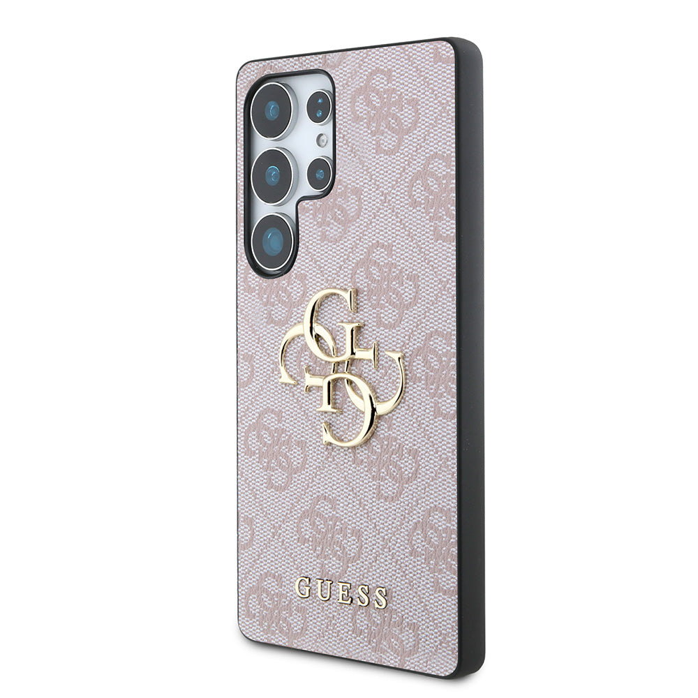 Galaxy S25 Ultra Kılıf Guess PU Deri 4G Desenli Metal Büyük 4G ve Yazı Logolu Kapak Pembe