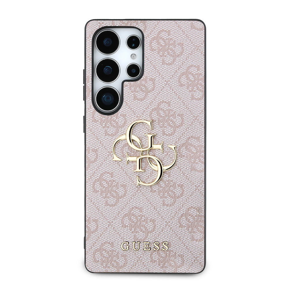 Galaxy S25 Ultra Kılıf Guess PU Deri 4G Desenli Metal Büyük 4G ve Yazı Logolu Kapak Pembe