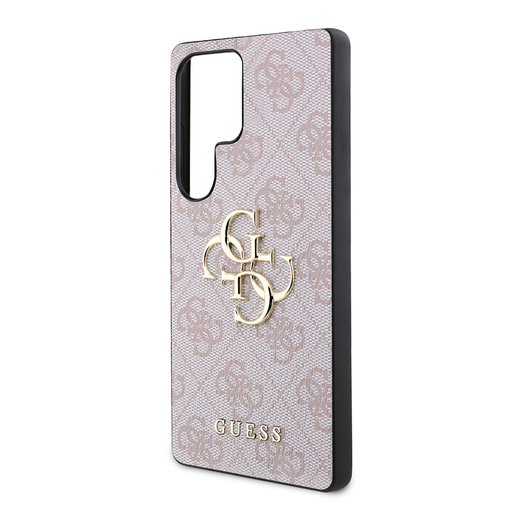 Galaxy S25 Ultra Kılıf Guess PU Deri 4G Desenli Metal Büyük 4G ve Yazı Logolu Kapak Pembe