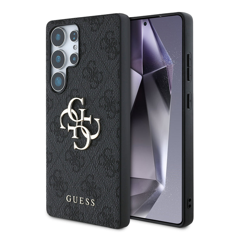 Galaxy S25 Ultra Kılıf Guess PU Deri 4G Desenli Metal Büyük 4G ve Yazı Logolu Kapak Siyah