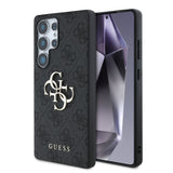 Galaxy S25 Ultra Kılıf Guess PU Deri 4G Desenli Metal Büyük 4G ve Yazı Logolu Kapak Siyah