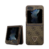 Galaxy Z Flip 5 Kılıf Guess PU Deri Taşlı Üçgen Logolu 4G Desenli Strass Kapak Kahverengi