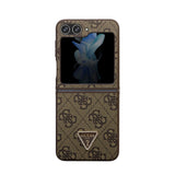 Galaxy Z Flip 5 Kılıf Guess PU Deri Taşlı Üçgen Logolu 4G Desenli Strass Kapak Kahverengi