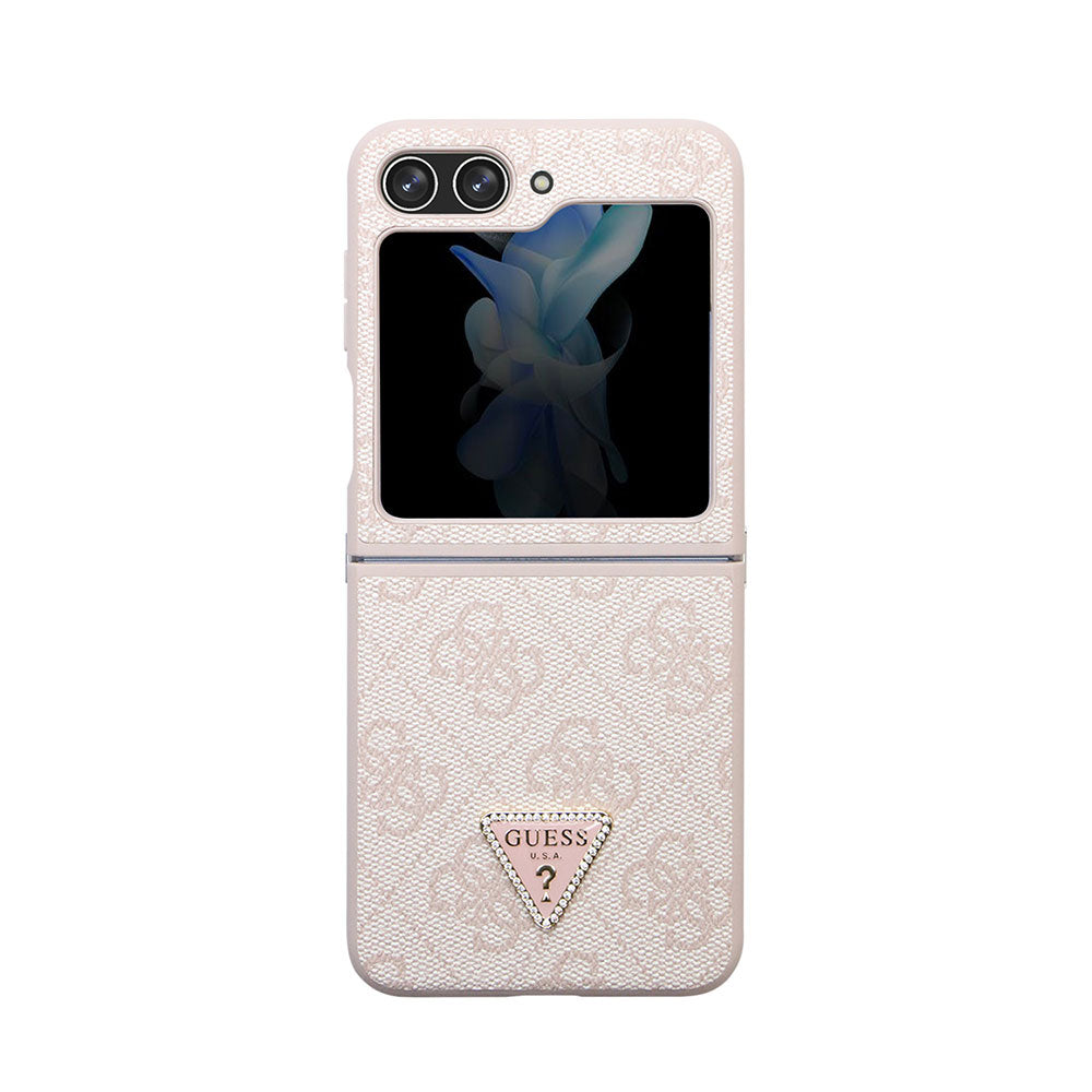 Galaxy Z Flip 5 Kılıf Guess PU Deri Taşlı Üçgen Logolu 4G Desenli Strass Kapak Pembe