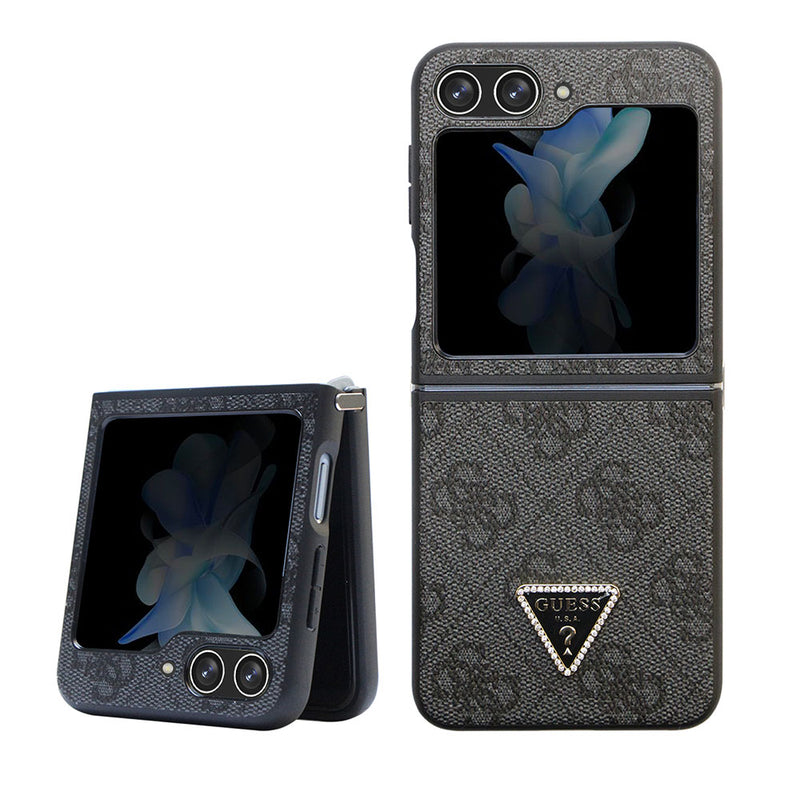 Galaxy Z Flip 5 Kılıf Guess PU Deri Taşlı Üçgen Logolu 4G Desenli Strass Kapak Siyah