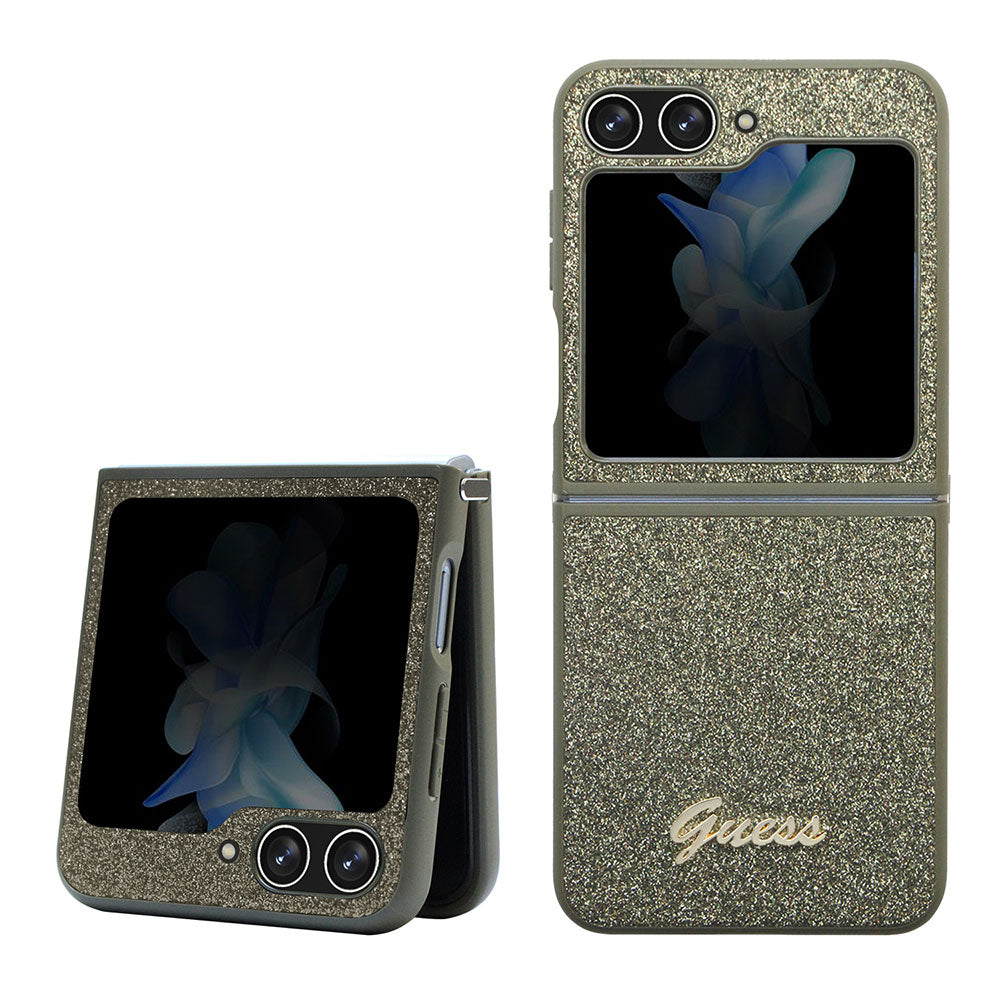 Galaxy Z Flip 5 Kılıf Guess Yazı Logolu Glitter Flakes Kapak Haki