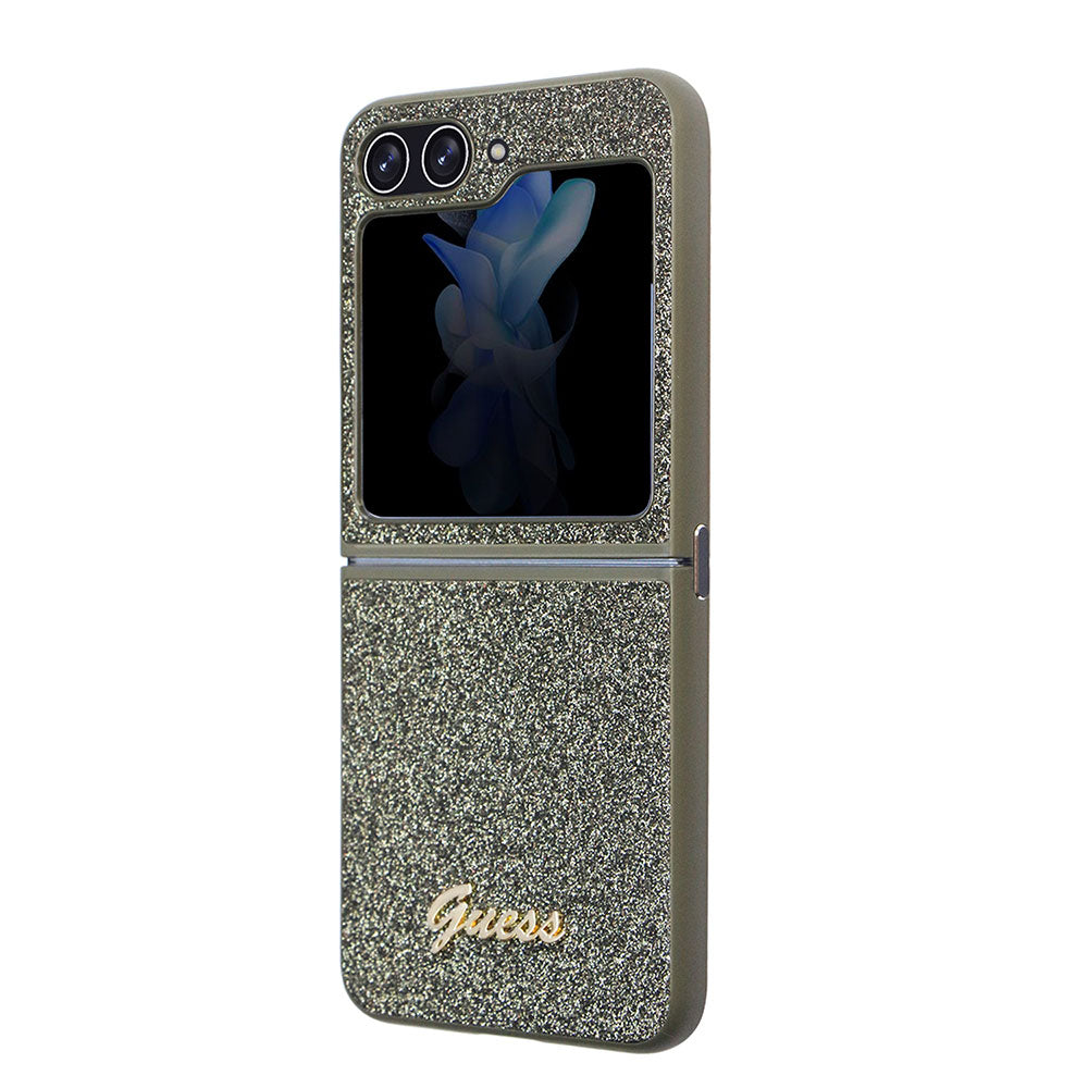 Galaxy Z Flip 5 Kılıf Guess Yazı Logolu Glitter Flakes Kapak Haki