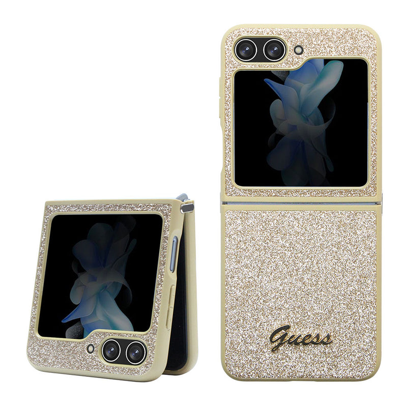 Galaxy Z Flip 5 Kılıf Guess Yazı Logolu Glitter Script Kapak Gold