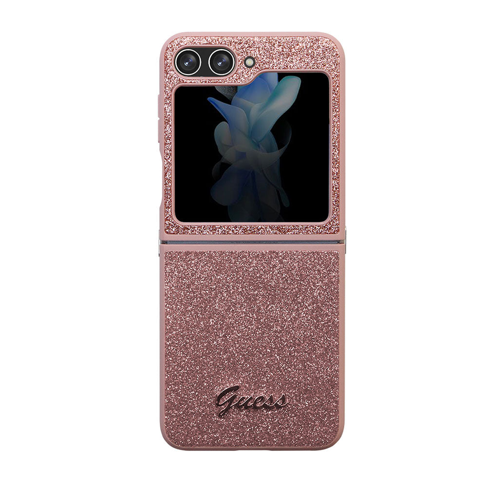 Galaxy Z Flip 5 Kılıf Guess Yazı Logolu Glitter Script Kapak Pembe