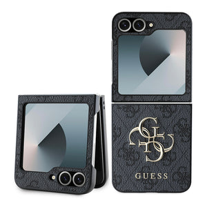 Galaxy Z Flip 6 Kılıf Guess Deri 4G Metal Logolu Kapak Siyah