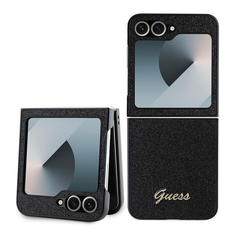 Galaxy Z Flip 6 Kılıf Guess Yazı Logolu Glitter Script Kapak Siyah