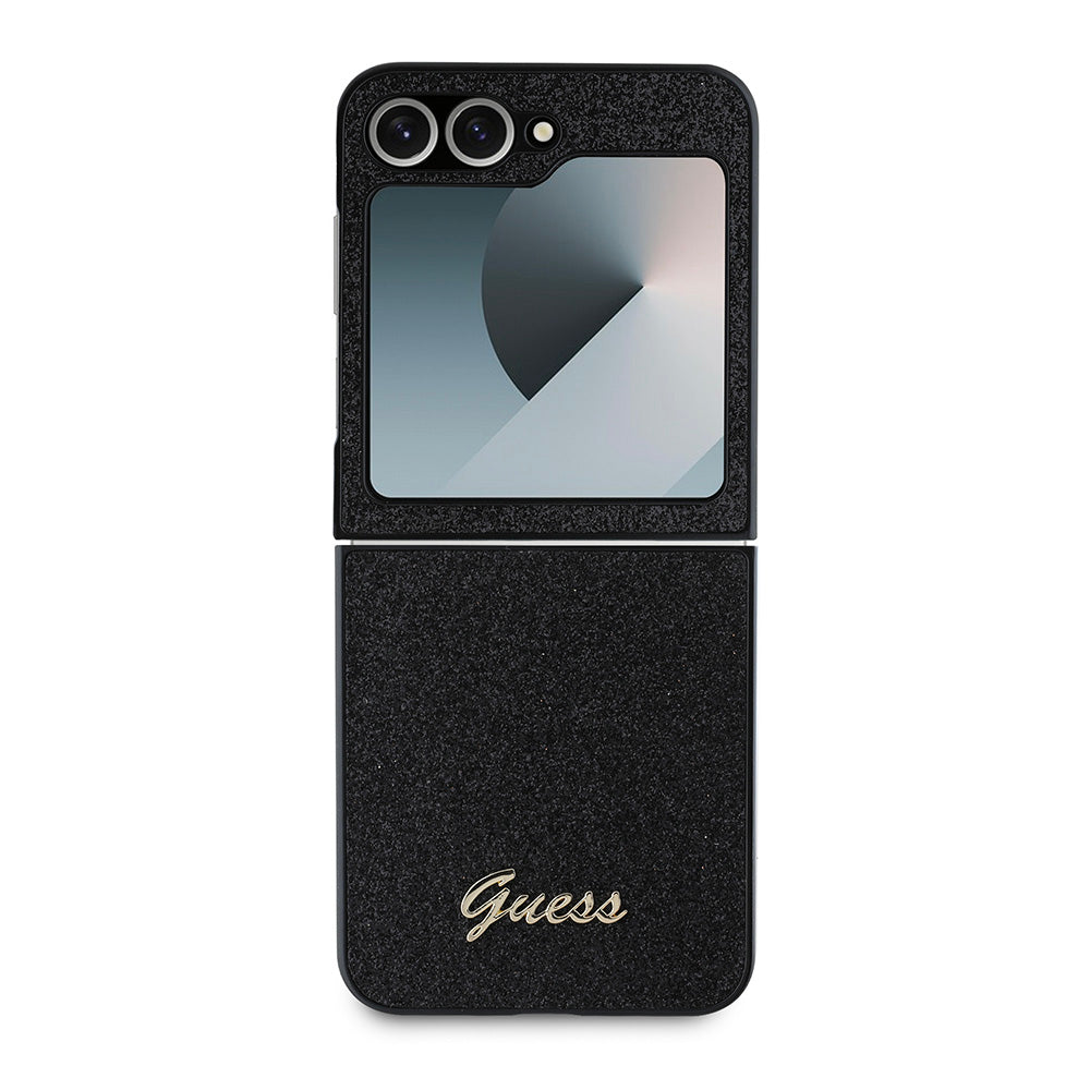 Galaxy Z Flip 6 Kılıf Guess Yazı Logolu Glitter Script Kapak Siyah