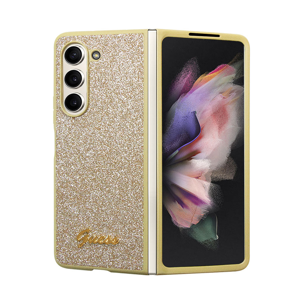 Galaxy Z Fold 5 Kılıf Guess Yazı Logolu Glitter Script Kapak Gold