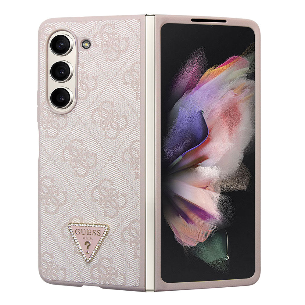 Galaxy Z Fold 5 Kılıf Guess PU Deri Taşlı Üçgen Logolu 4G Desenli Strass Kapak Pembe