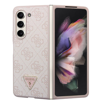 Galaxy Z Fold 5 Kılıf Guess PU Deri Taşlı Üçgen Logolu 4G Desenli Strass Kapak Pembe