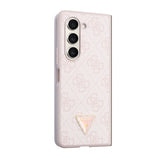 Galaxy Z Fold 5 Kılıf Guess PU Deri Taşlı Üçgen Logolu 4G Desenli Strass Kapak Pembe