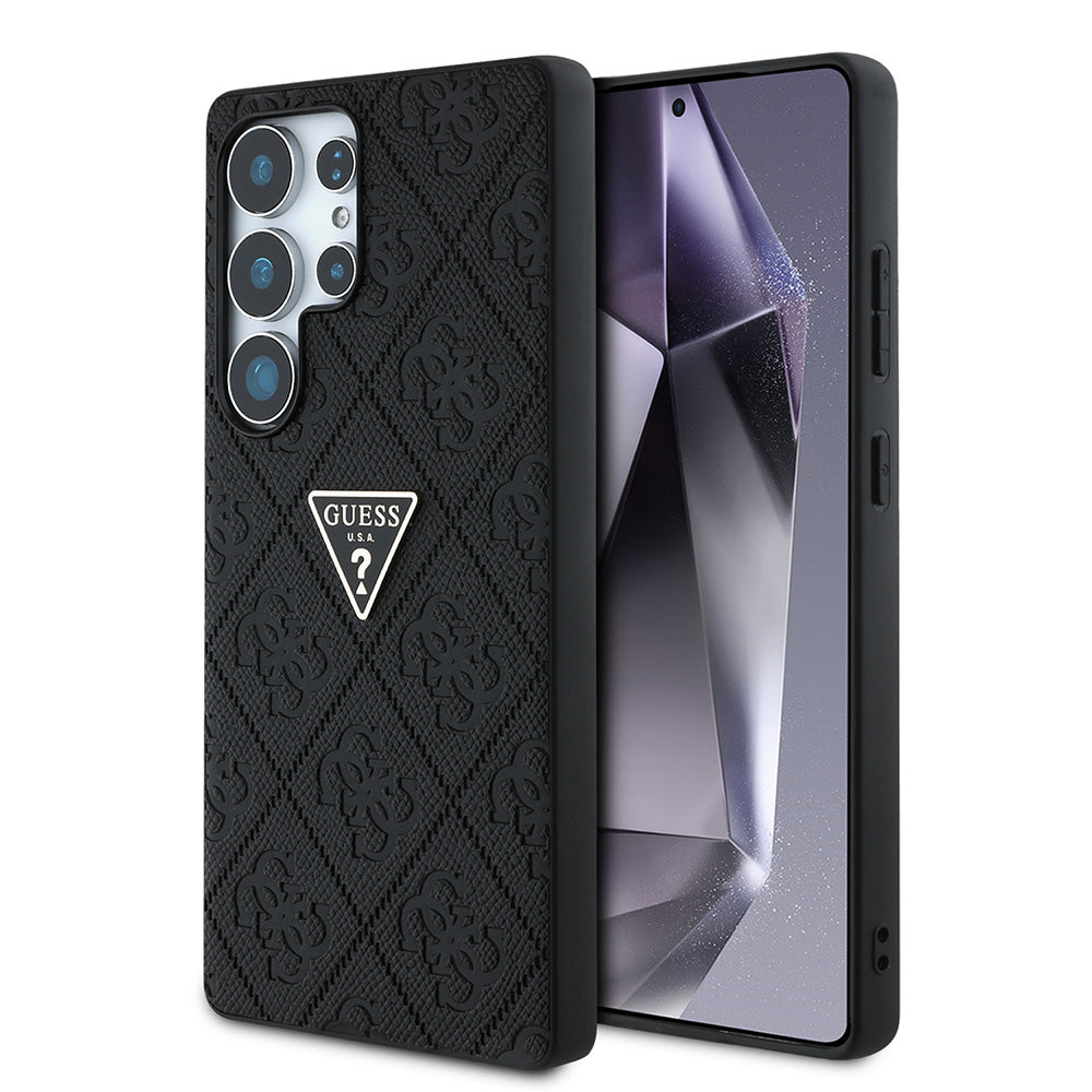 Galaxy S25 Ultra Kılıf Guess 4G Desenli Sıcak Damgalı Üçgen Logolu Kapak Siyah